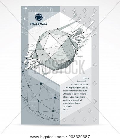 New technology theme booklet cover design front page. Abstract asymmetric broken geometric 3d faceted black and white object modern digital technology and science theme vector illustration.