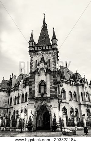 Beautiful Jakab's palace in Kosice city Slovak republic. Evening photo. Architectural scene. Black and white photo.