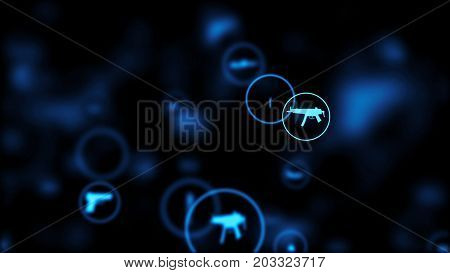 3d render. Camera flight through waepon icons in circle on dark background. Abstract background of rain from glowing weapon icons for backdrop.