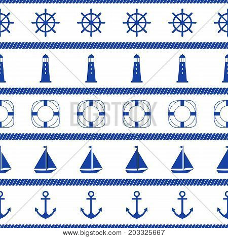 Blue background. Marine seamless pattern. Vector illustration.