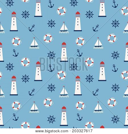 Blue marine background. Seamless pattern. Vector illustration.