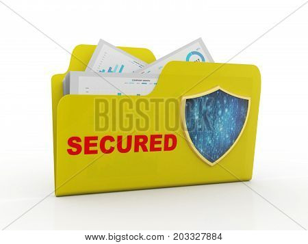 3D yellow folder and Sheild. Data security concept