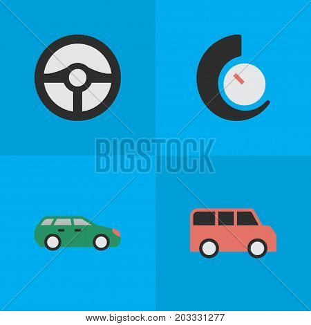 Elements Steering, Speedometer, Sedan And Other Synonyms Speedometer, Auto And Chronometer.  Vector Illustration Set Of Simple Shipping Icons.