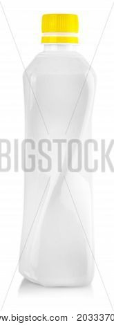 White plastic detergent container bottle with yellow lid isolated on white