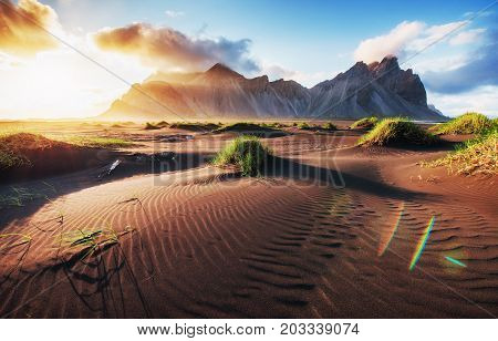 Fantastic west of the mountains and volcanic lava sand dunes on the beach Stokksness, Iceland