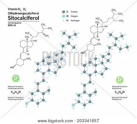 Structural chemical molecular formula and model of Dihydroergocalciferol and Sitocalciferol. Atoms are represented as spheres with color coding. 2d 3d visualization. Vector illustration