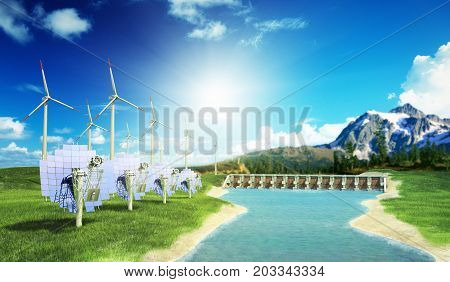 Solar Panels With Wind Turbines Against Mountanis Landscape Against Blue Sky With Clouds 3D Render