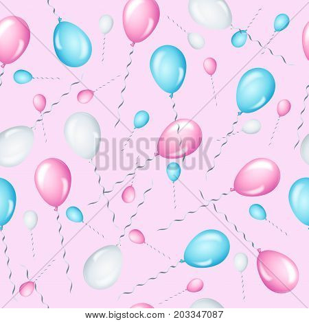 Blue, pink and white balloons seamless pattern. Babyshower background illustration.
