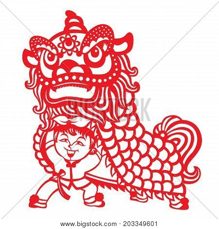 Red paper cut china lion dance by chinese kids boy vector art design