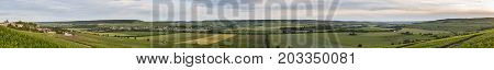 Panorama of the valley of the river Marne in the Champagne districht with vineyards during sunset France.