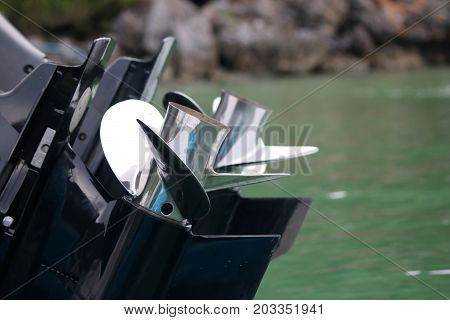 The propeller of the speed boat in the sea.