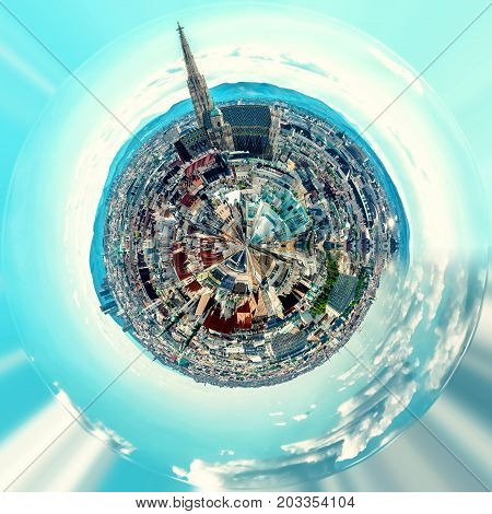 Little planet 360 degree sphere. Panoramic view of Vienna city. Austria