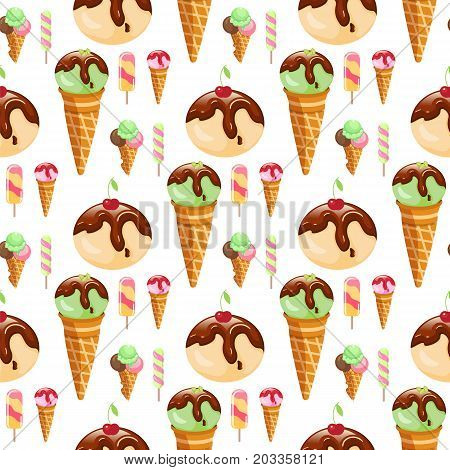 Ice cream sweet dessert cold food seamless pattern vector illustrations. Tasty creamy snack dairy waffle flavor cold ice-cream frozen scoop. Soft delicious milk icecream ball.