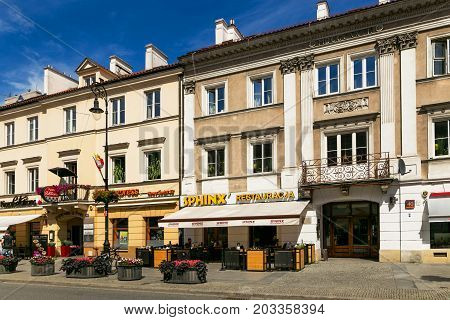 Warsaw, Poland - August 2, 2017: Architecture And People On The Street New World In Warsaw.