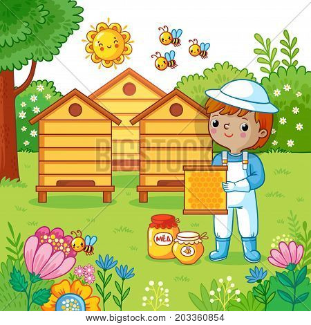Boy collects honey on a bee apiary. Vector illustration in childrens cartoon style.