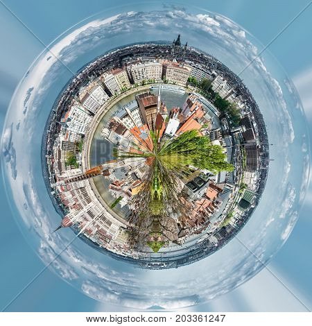 Little planet 360 degree sphere. Panoramic view of Budapest city. Hungary