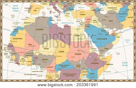 Retro color map of Northern Africa and the Middle East