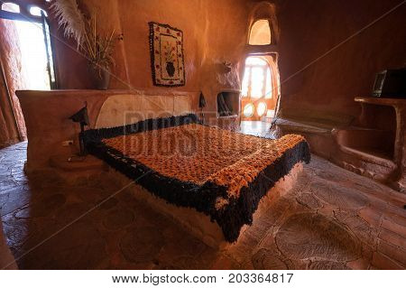 July 21 2017 Villa de Leyva: the bedroom of the conceptual eco-house 'Casa de Terracota' open and allowing full access for visitors