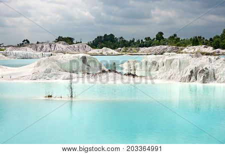 Man-made Artificial Lake Kaolin And White Land Containing Kaolinite Covered With Rain Water, Forming