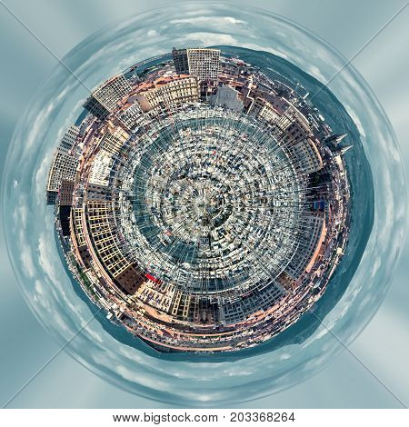 Little planet 360 degree sphere. Panorama of Old port of Marseille. France