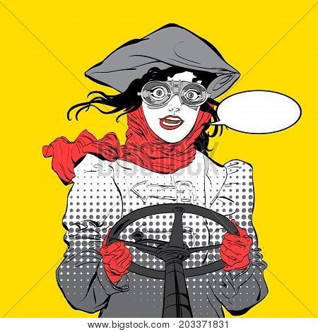 Young smiling driver. Girl pilot. Woman pilot. Air sport. Smiling pilot. Concept idea of advertisement and promo. Halftone background. Pop art retro style illustration.