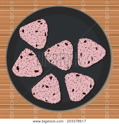 Onigiri set on the grey round plate. Sekihan. Asian snacks filled with Adzuki beans and sesame seeds. Pink sticky rice balls. Japanese cuisine. Illustration. Lunch. Can be used as seamless pattern.