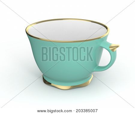 Isolated antique porcelain turquoise tea cup with gold edging on white background. Vintage crockery. 3D Illustration.