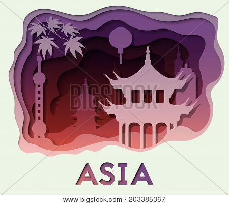 3d abstract paper cut illlustration of Asian famous destinatons and buildings. Vector template in carving art style. Eps10.