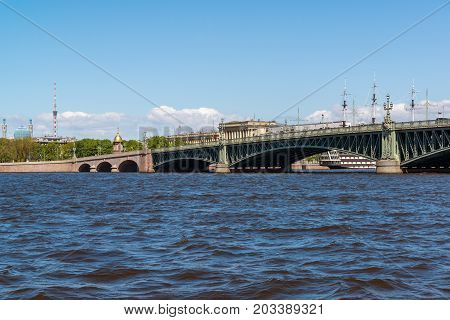 View of the Troitsky Bridge from the Palace Embankmentin St. Petersburg, Russia