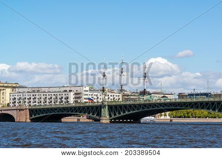 St. Petersburg, Russia - June 04. 2017. View of Troitsky Bridge from a Palace Embankment
