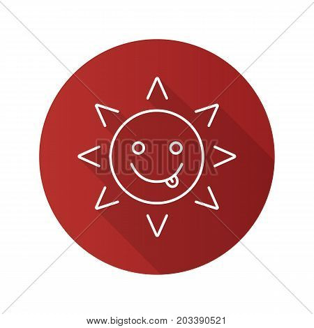 Yummy sun smile flat linear long shadow icon. Silly, goofy, foolish sun emoticon. Vector outline symbol