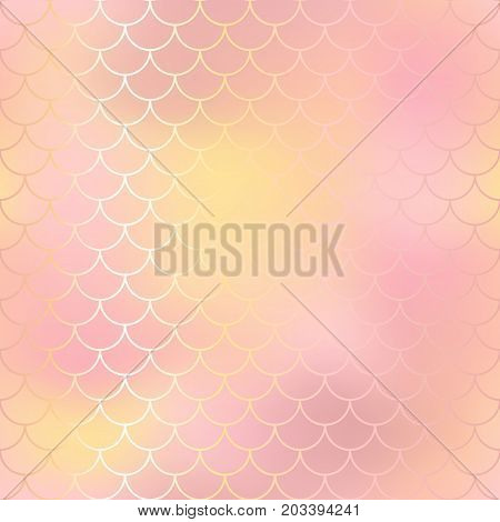Blush pink and orange abstract fish skin background. Fantastic fish scale pattern. Mermaid vector pattern. Fish scale seamless pattern in pink color. Rose gold mermaid tail texture. Wedding background