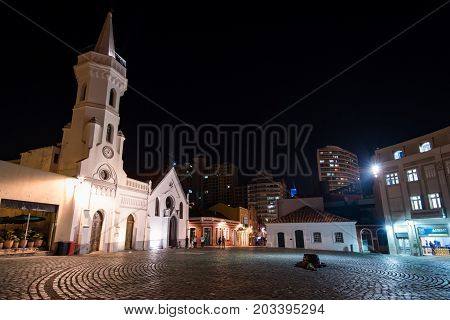 Curitiba, Brazil - July 20, 2017: Empty square of the Old Town of Curitiba city at night.