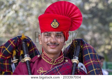 NEW DELHI INDIA - JANUARY 23 2017 : Soldiers take part in rehearsal activities for the upcoming India Republic Day parade which will be held January 26 at Jawaharlal Nehru stadium