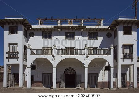 Chacabuco, Antofagasta Region, Chile - August 19, 2017: Theatre in the derelict nitrate mining town of Chacabuco in the Atacama Desert of northern Chile