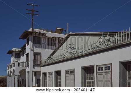 Chacabuco, Antofagasta Region, Chile - August 19, 2017: Theatre in the derelict nitrate mining town of Chacabuco in the Atacama Desert of northern Chile