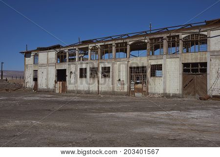 Chacabuco, Antofagasta Region, Chile - August 19, 2017: Derelict nitrate mining town of Chacabuco in the Atacama Desert of northern Chile