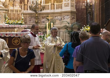 BUDAPEST, HUNGARY - AUGUST 20, 2017:Religious Mass Service in the Basilica of St. Istvan in honor of St. Istvan Day