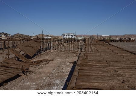 Chacabuco, Antofagasta Region, Chile - August 19, 2017: Derelict nitrate mining town of Chacabuco in the Atacama Desert of northern Chile