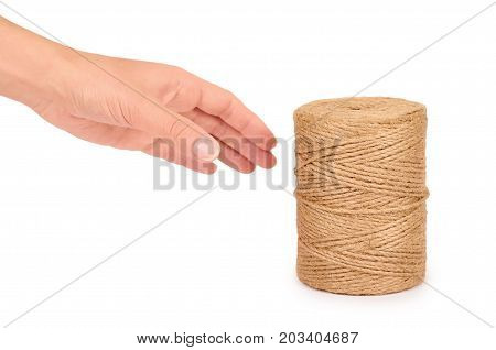 Spool Of Bale Twine Isolated In Hand On White Background