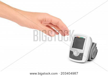 Blood Pressure Measurement Equipment Tensiometer In Hand Isolated On White Background