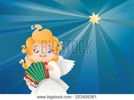 Christmas background design with accordionist angel musician. Happy smiling flying in the night sky cute cartoon kid play music on accordion to star. Good siut for card, music collection box cover