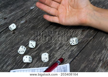 A woman's hand throws dice and plays a Yahtzee dice game