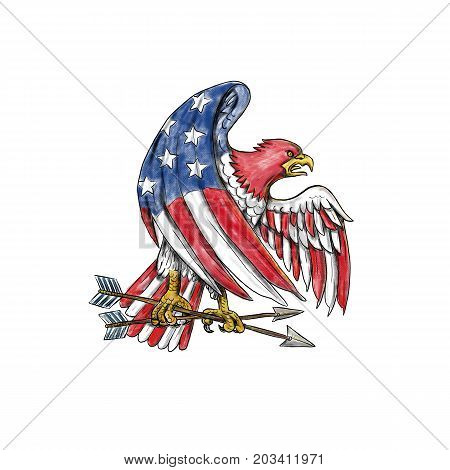 Tattoo style illustration of an American Bald Eagle with USA stars and stripes flag on body and wing clutching arrow on isolated background.