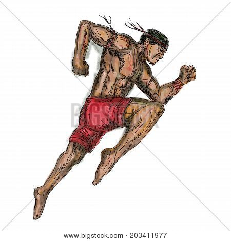 Tattoo style illustration of a muay thai asian Thai boxing fighter jumping about to kick viewed from side on isolated background.