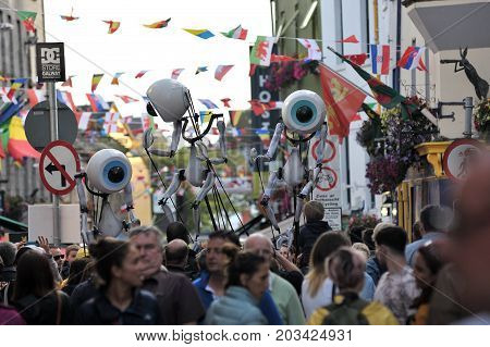 Shop Street, Galway, Ireland July , Art Festival 2017, I-puppets , Making A Performance In The Crowd