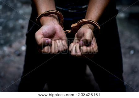 Closeup handMan prison shackle and chain in the jail violence concept.