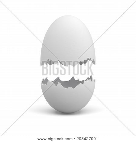 3d rendering of chicken egg broken in half at the middle with both parts hanging above each other. Broken hopes. Poultry farming. Fresh food.