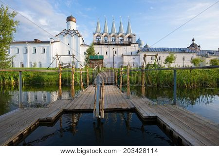 Earlier September morning at a font of the Tikhvin Uspensky monastery. Leningrad Region, Russia