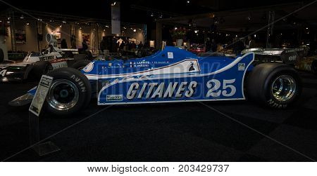 MAASTRICHT NETHERLANDS - JANUARY 08 2015: Formula One car Ligier JS11 designed by Gerard Ducarouge 1980. International Exhibition InterClassics & Topmobiel 2015